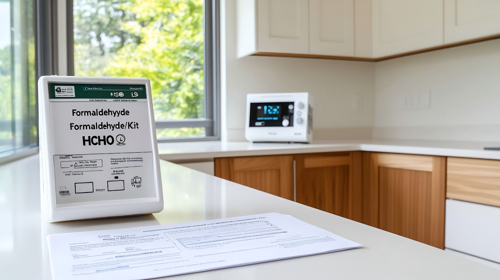 Formaldehyde testing kit on kitchen counter with air quality monitor and wood cabinetry, highlighting cabinet safety checks.