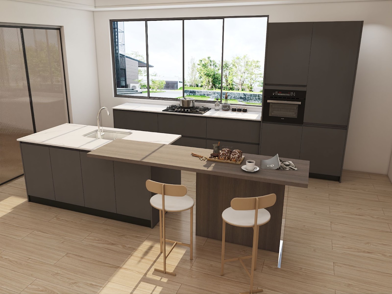 Compact kitchen layout featuring matte cabinetry, built-in appliances, and a multifunctional peninsula with seating.